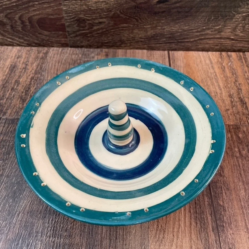 Yes Mam Studio Pottery Apple Baker Teal Navy Striped Tripod Footed Ceramic